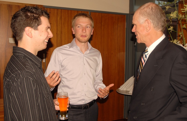 Left to right: Mountain Fund volunteers Thomas Pottage and Reece Treloar; Peter Hillary